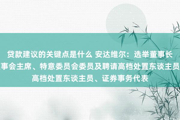 贷款建议的关键点是什么 安达维尔：选举董事长、副董事长、监事会主席、特意委员会委员及聘请高档处置东谈主员、证券事务代表